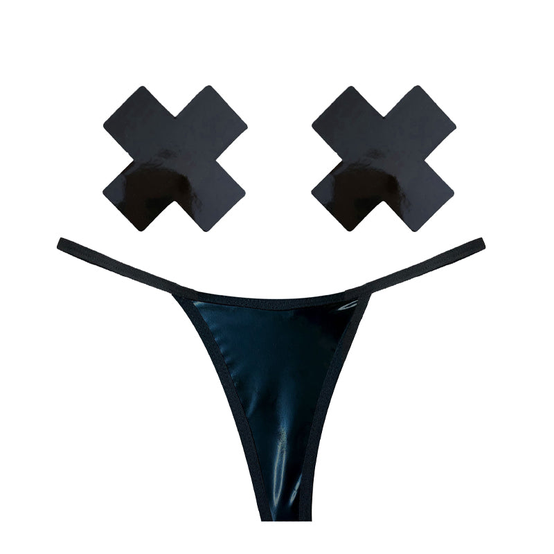 Neva Nude DOM Squad Black Wet Vinyl G-String Naughty Knix Pasties & Panties Set
