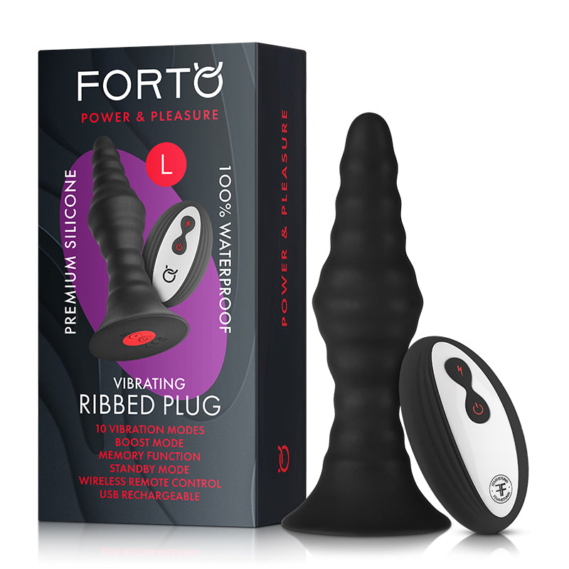Forto Vibrating Ribbed Plug Rechargeable Remote-Controlled Silicone Anal Plug Large Black
