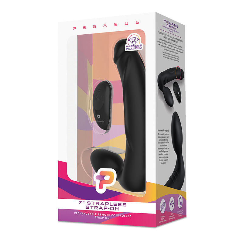 Pegasus 7 in. Strapless Strap-On Rechargeable Remote-Controlled Silicone Dildo Black