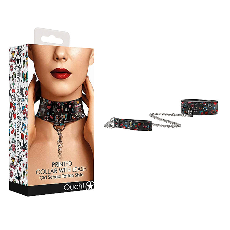 Ouch! Old School Tattoo Style Adjustable Printed Collar With Leash Multi-Color