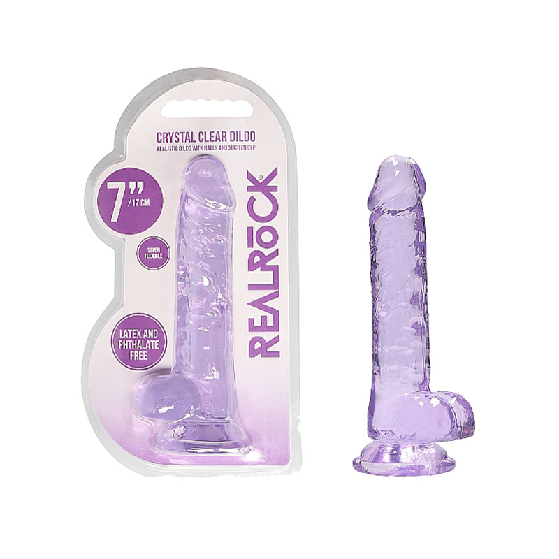 RealRock Crystal Clear Realistic 7 in. Dildo With Balls and Suction Cup Purple