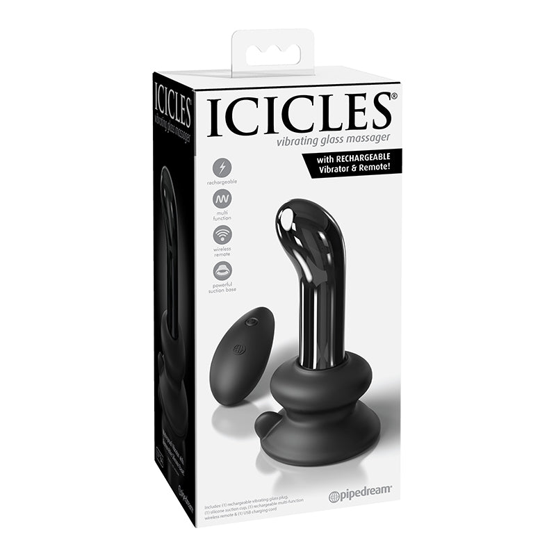 Pipedream Icicles No. 84 Rechargeable Remote-Controlled Vibrating Curved Glass Massager With Suction Cup Black