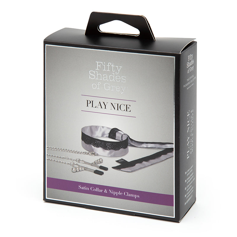 Fifty Shades of Grey Play Nice Satin Collar With Lace Trim &amp; Adjustable Nipple Clamps Gray