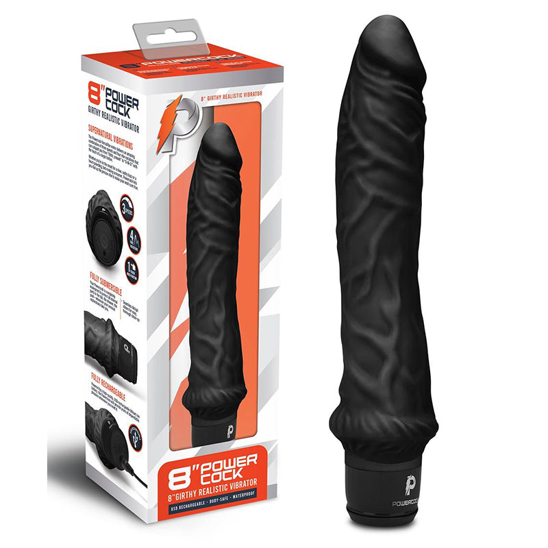 Powercock 8 in. Girthy Realistic Vibrator Rechargeable Silicone Vibrating Dildo Black