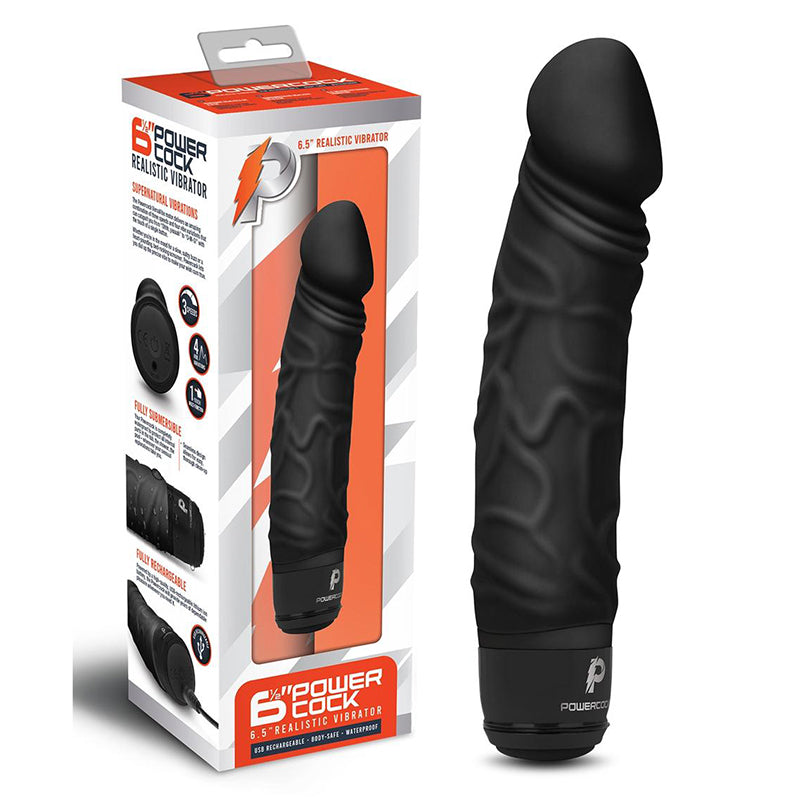 Powercock 6.5 in. Realistic Vibrator Rechargeable Silicone Vibrating Dildo Black