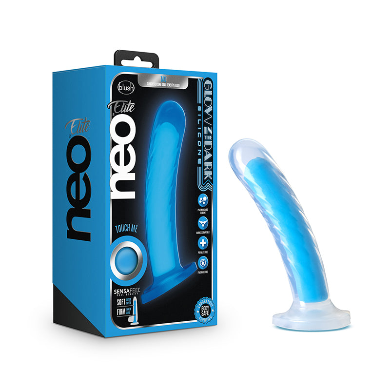 Blush Neo Elite Glow in the Dark Tao 7 in. Dual Density Dildo with Suction Cup Neon Blue