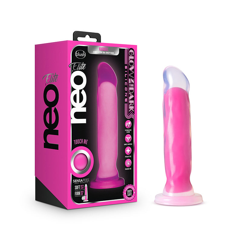 Blush Neo Elite Glow in the Dark Marquee 8 in. Silicone Dual Density Dildo with Suction Cup Neon Pink
