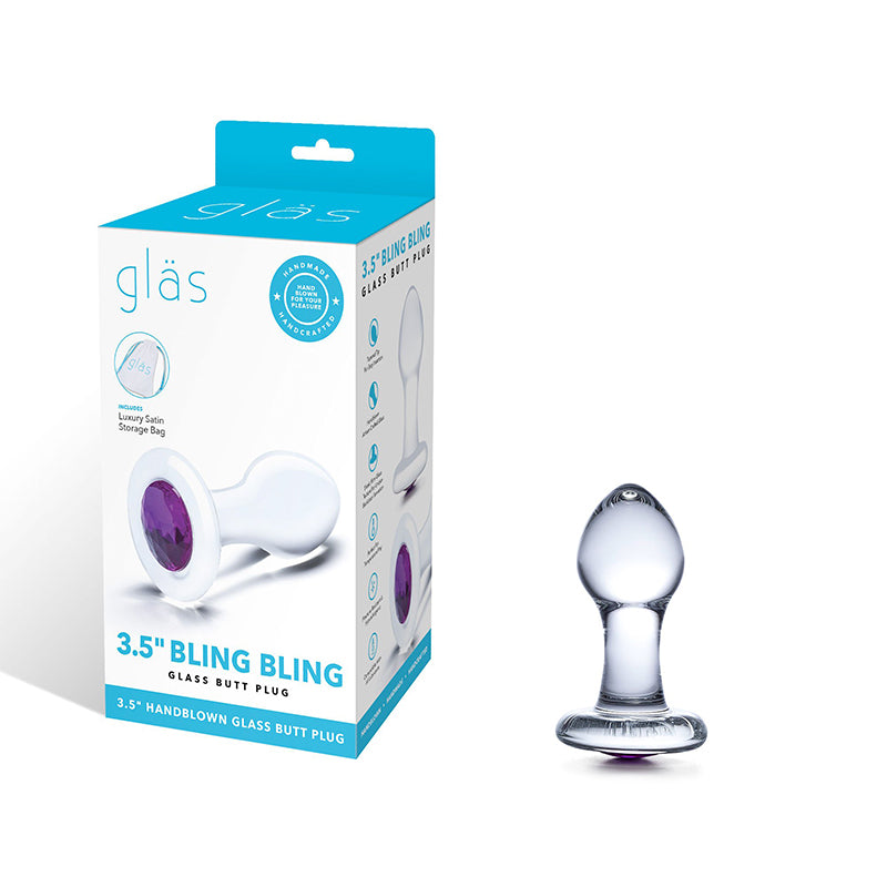 Glas 3.5 in. Bling Bling Glass Butt Plug with Purple Gem Base