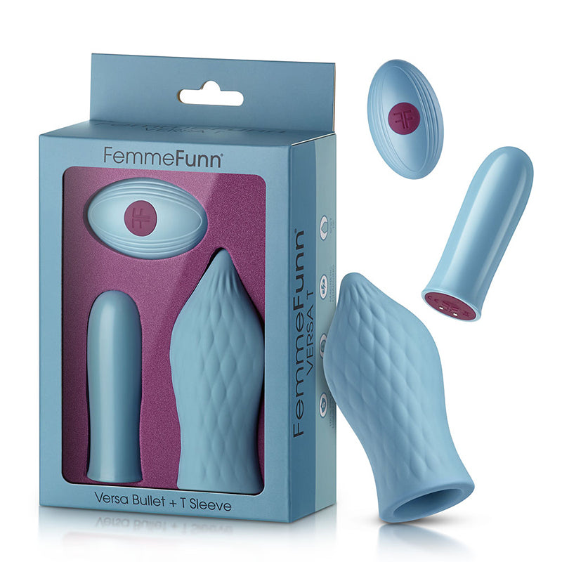 FemmeFunn Versa T Rechargeable Remote-Controlled Bullet Vibrator &amp; Textured Silicone Tongue-Shaped Sleeve Light Blue