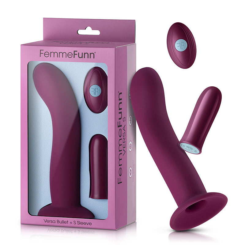 FemmeFunn Versa S Rechargeable Remote-Controlled Bullet Vibrator &amp; Curved Silicone Sleeve with Suction Cup Dark Fuchsia