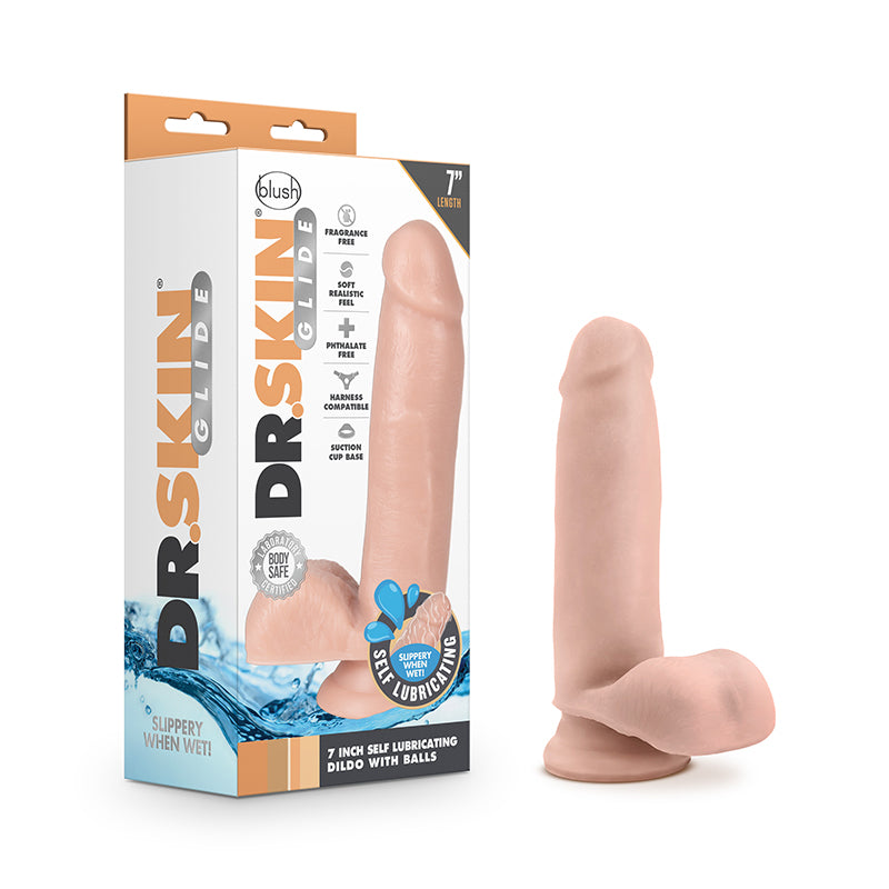 Blush Dr. Skin Glide Realistic 7 in. Self-Lubricating Dildo with Balls & Suction Cup Beige