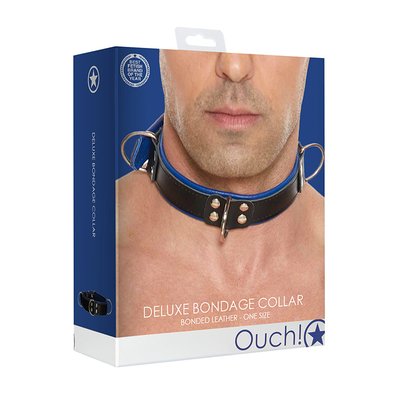 Ouch! Bonded Leather Deluxe Bondage Collar Blue O/S