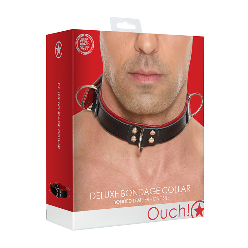 Ouch! Bonded Leather Deluxe Bondage Collar Red O/S