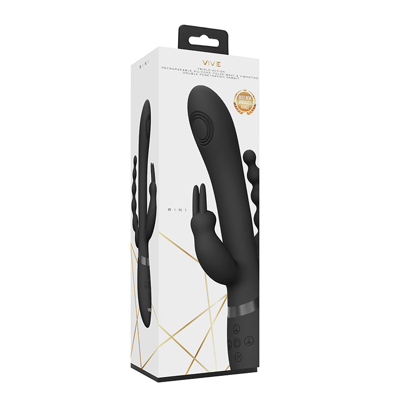 VIVE RINI Rechargeable Triple-Motor Pulse-Wave Dual Entry Silicone Rabbit Vibrator Black