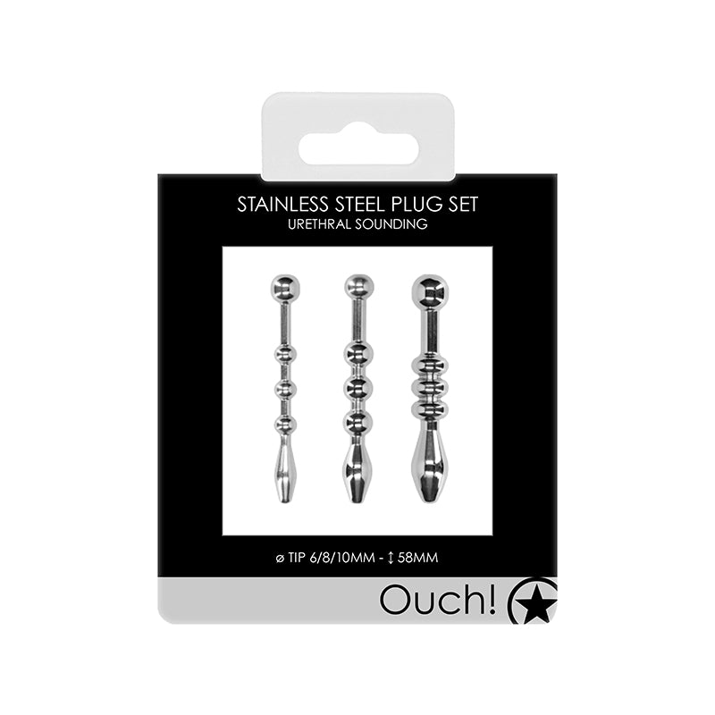 Ouch! Urethral Sounding 3-Piece Stainless Steel Beaded Plug Set 6 mm / 8 mm / 10 mm