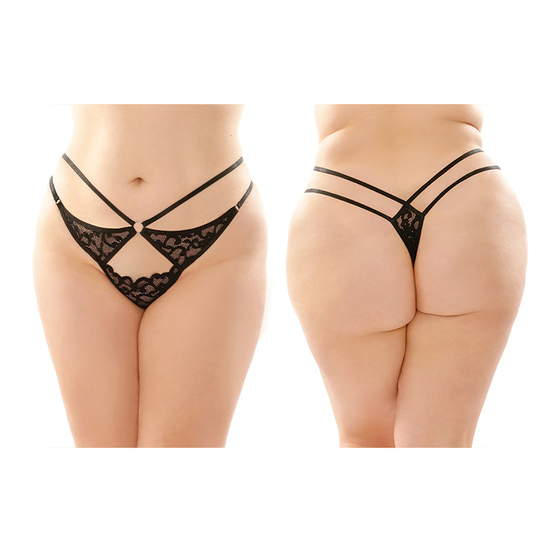 Fantasy Lingerie Jasmine Strappy Lace Thong With Front Keyhole Cutout 6-Pack Queen Size Black