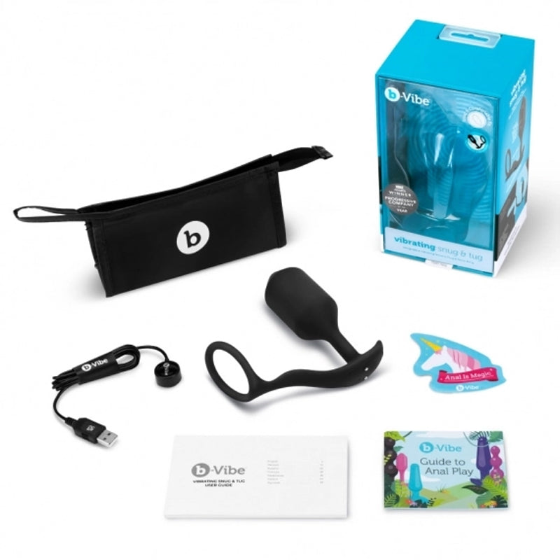 b-Vibe Vibrating Snug &amp; Tug Rechargeable Weighted Silicone Anal Plug with Cockring XL Black
