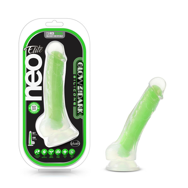 Blush Neo Elite Glow in the Dark Viper 7 in. Silicone Dual Density Dildo with Suction Cup Neon Green
