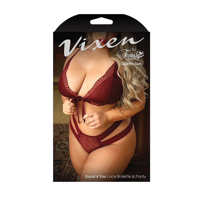 Fantasy Lingerie Vixen Good 4 You Lace Triangle Bralette & Matching Panty With Double-Strap Waistband Burgundy Queen Size