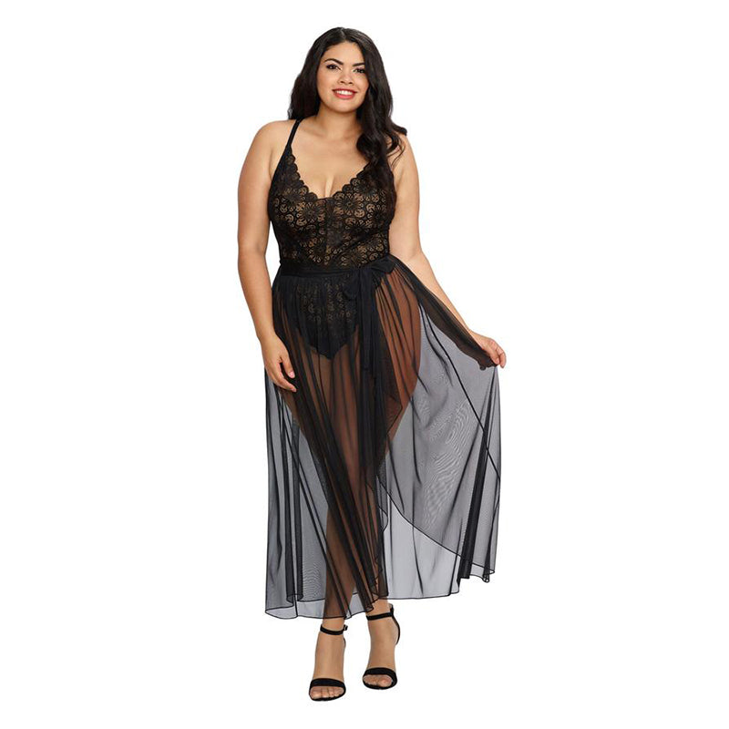 Dreamgirl Plus-Size Stretch Lace Teddy & Sheer Mesh Maxi Skirt With Adjustable Straps & G-String Black Queen 1X Hanging