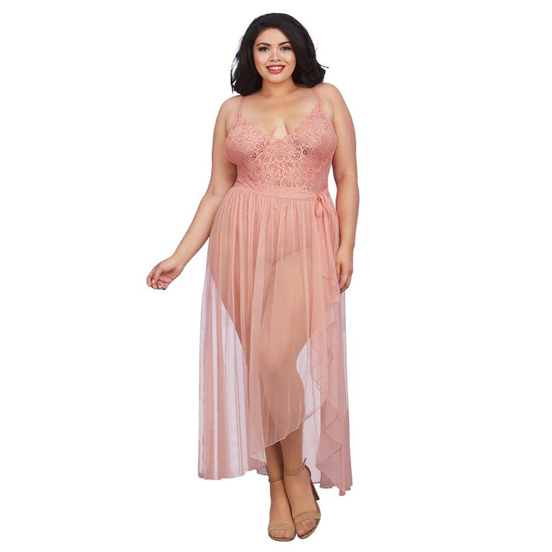 Dreamgirl Plus-Size Stretch Lace Teddy & Sheer Mesh Maxi Skirt With Adjustable Straps & G-String Rose Queen 1X Hanging