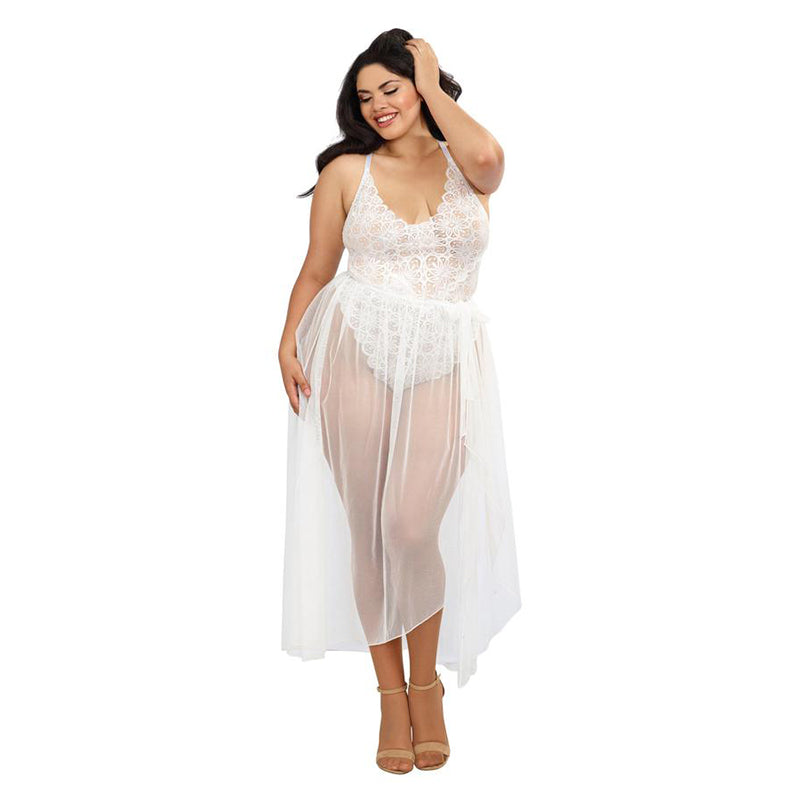 Dreamgirl Plus-Size Stretch Lace Teddy & Sheer Mesh Maxi Skirt With Adjustable Straps & G-String White Queen 1X Hanging