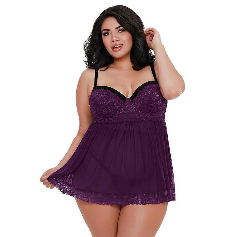 Dreamgirl Plus-Size Stretch Mesh and Lace Babydoll With Underwire Push-Up Cups, G-String, and Lace Overlay Plum Queen 1X Hanging