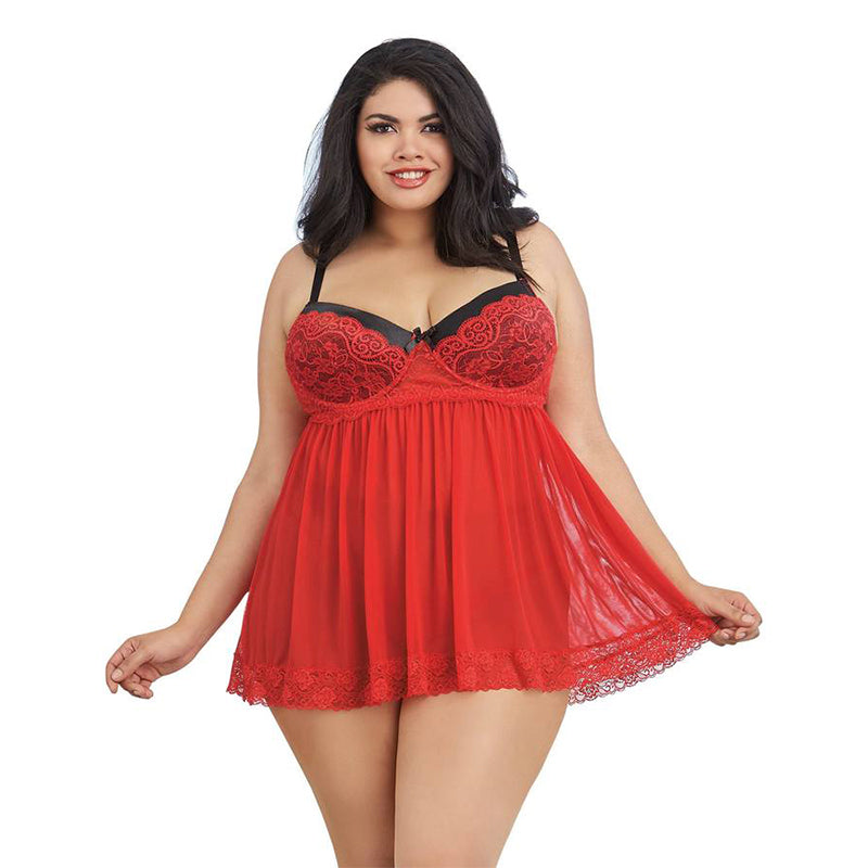 Dreamgirl Plus-Size Stretch Mesh and Lace Babydoll With Underwire Push-Up Cups, G-String, and Lace Overlay Ruby Queen 1X Hanging