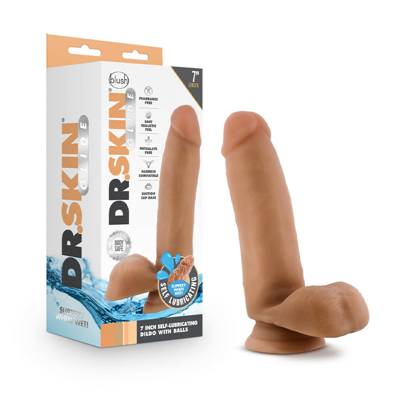Blush Dr. Skin Glide Realistic 7 in. Self-Lubricating Dildo with Balls & Suction Cup Tan