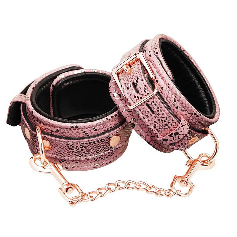 Wrist Restraints Micro Fiber Pink Snake Print With Leather Lining