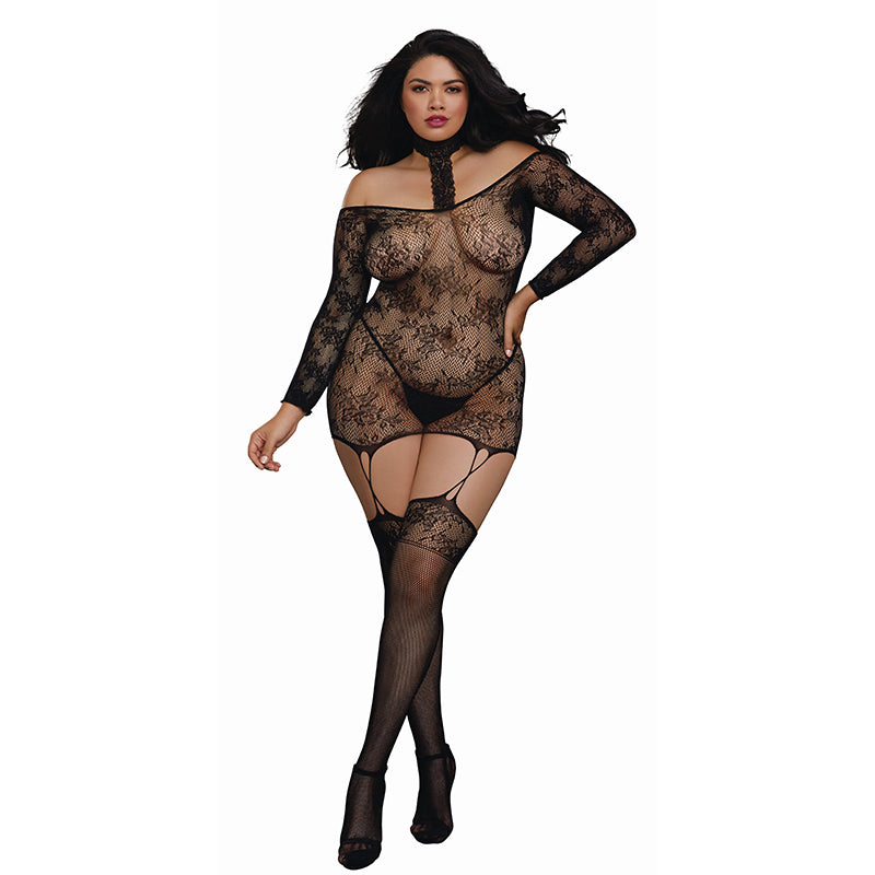 Dreamgirl Lace Patterned Knit Garter Dress with Faux Lace-Up and Attached Stockings Black Queen