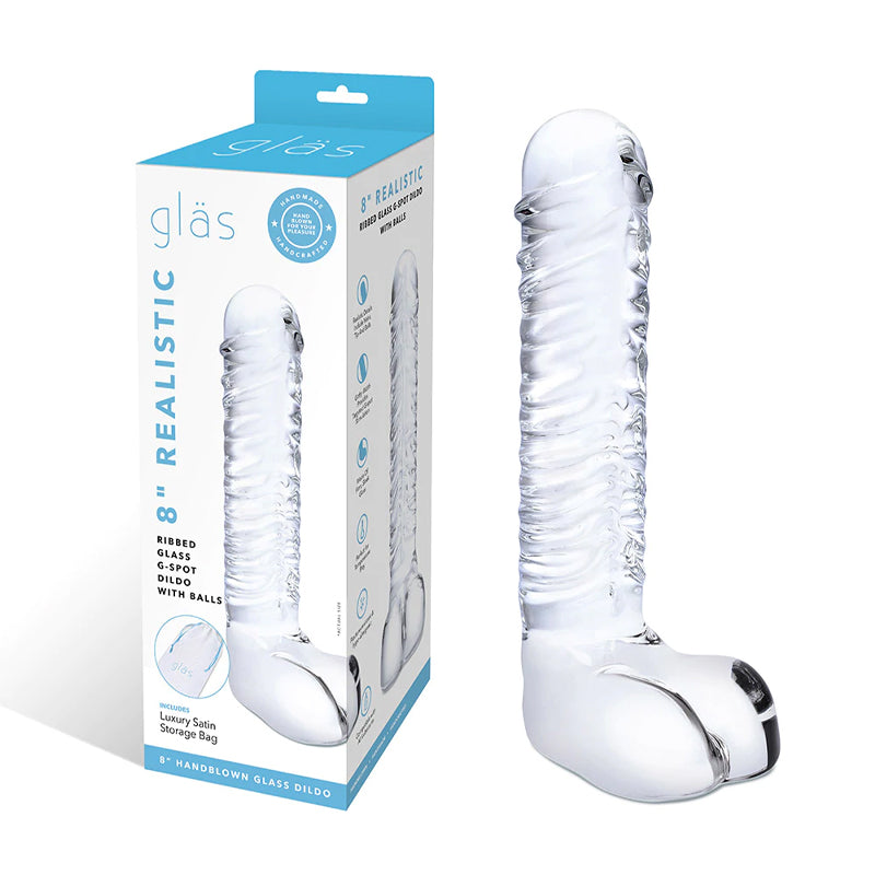 Glas 8 in. Realistic Ribbed Glass G-Spot Dildo with Balls