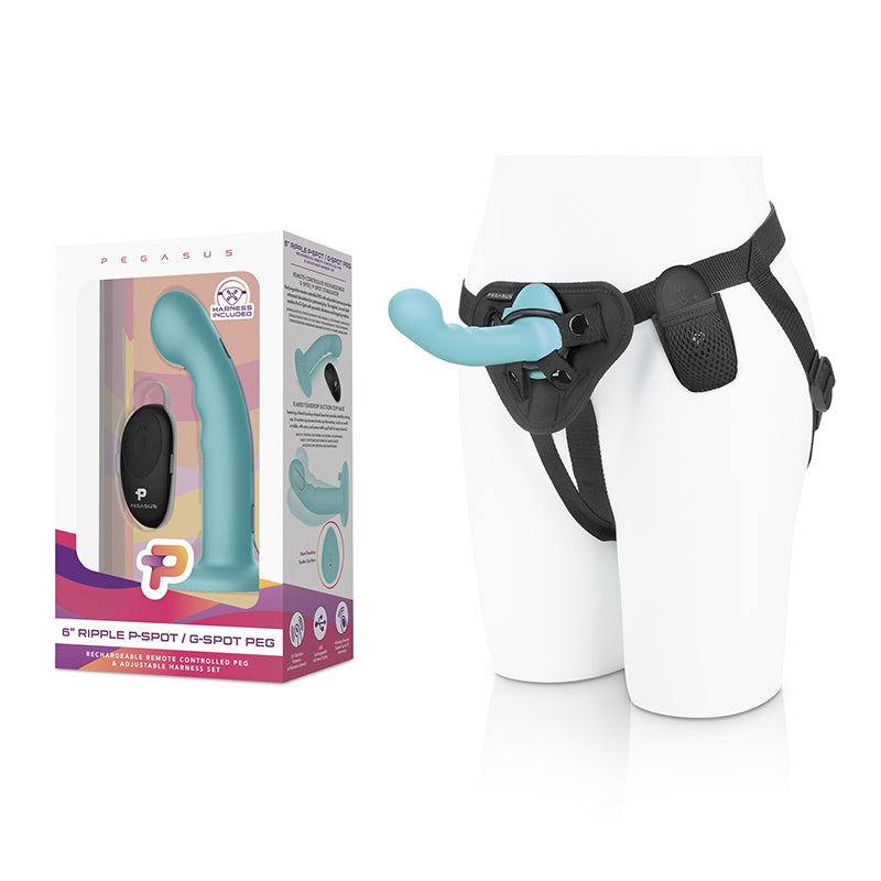 Pegasus 6 in. Ripple P-Spot / G-Spot Peg Rechargeable Remote-Controlled Silicone Dildo & Adjustable Harness Set Blue