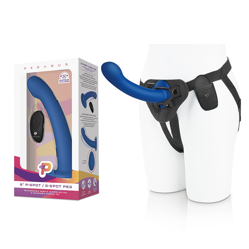 Pegasus 8 in. P-Spot / G-Spot Peg Rechargeable Remote-Controlled Silicone Dildo & Adjustable Harness Set Blue
