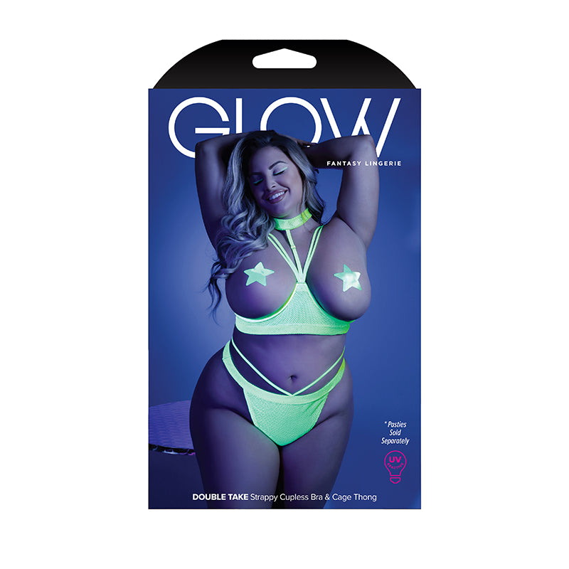 Fantasy Lingerie Glow Double Take Strappy Harness Open-Shelf Bra & Cage Thong Neon Lemon Queen Size