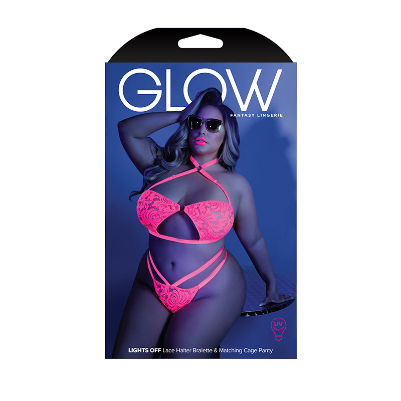 Fantasy Lingerie Glow Lights Off Lace Halter Bralette & Cage Panty Neon Pink Queen Size