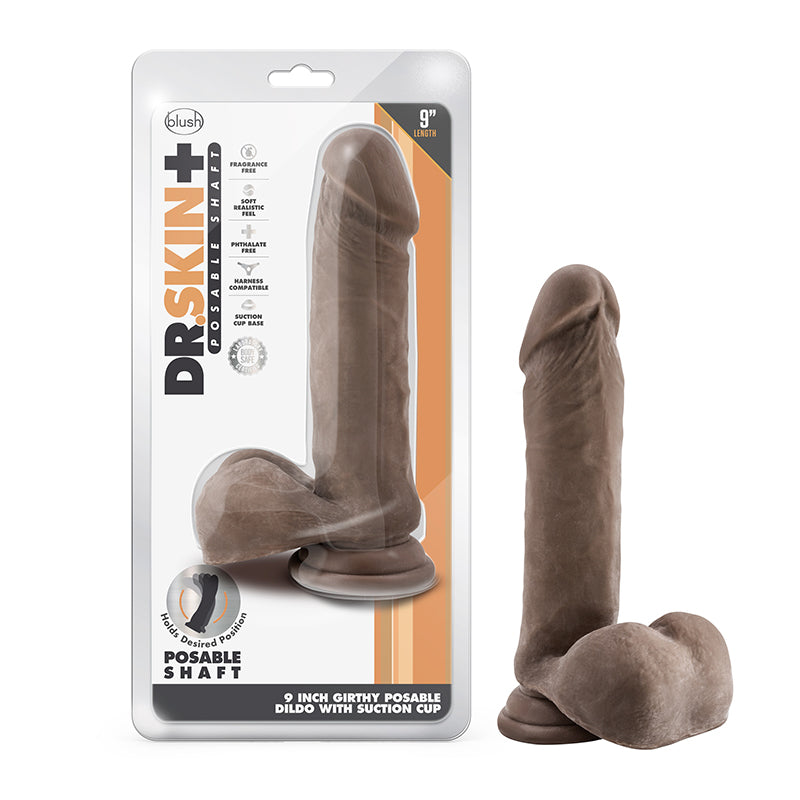 Blush Dr. Skin Plus Thick 9 in. Triple Density Posable Dildo with Balls & Suction Cup Brown