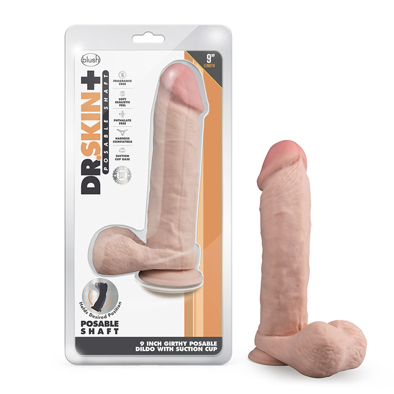 Blush Dr. Skin Plus Thick 9 in. Triple Density Posable Dildo with Balls & Suction Cup Beige