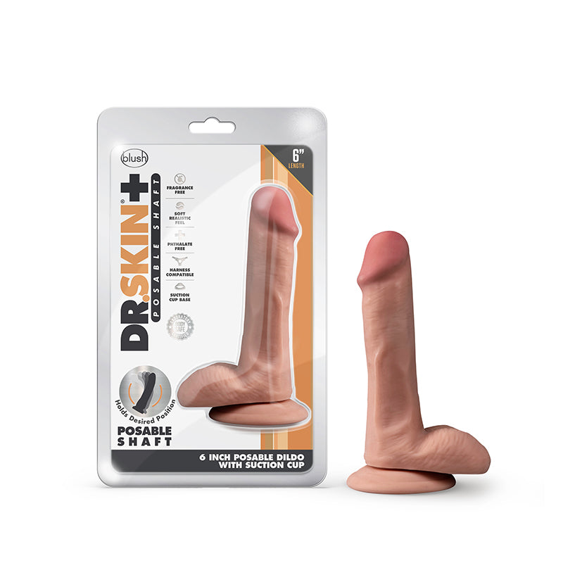 Blush Dr. Skin Plus Realistic 6 in. Triple Density Posable Dildo with Balls & Suction Cup Tan