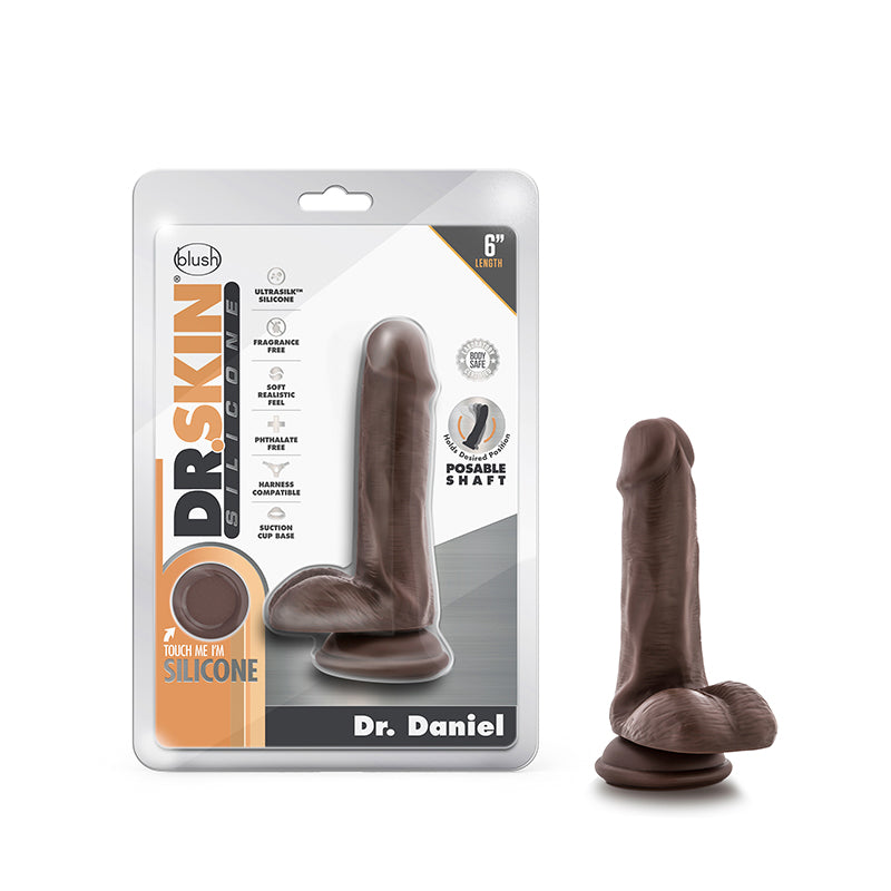 Blush Dr. Skin Silicone Dr. Daniel Realistic 6 in. Posable Dildo with Balls & Suction Cup Brown