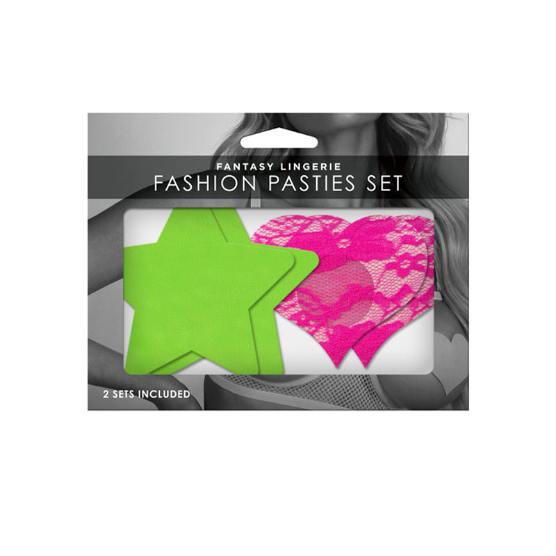Fantasy Lingerie Neon Pasties 2-Pack Solid Neon Green Star & Neon Pink Lace Heart