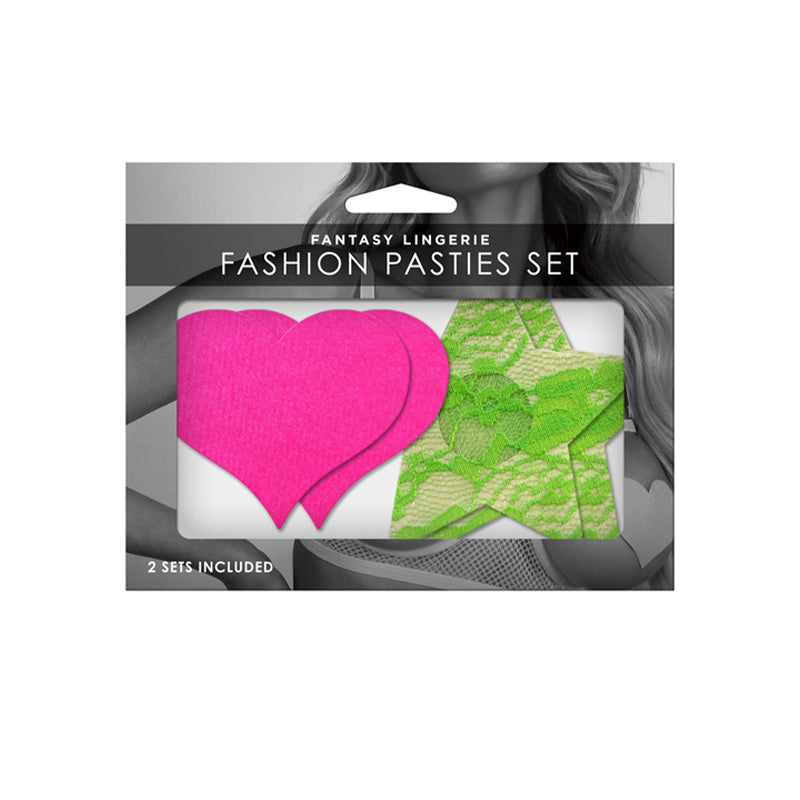Fantasy Lingerie Neon Pasties 2-Pack Solid Neon Pink Heart & Neon Green Lace Star