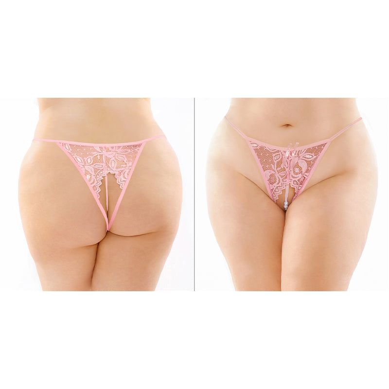 Fantasy Lingerie Calla Crotchless Lace Pearl Panty Light Pink Queen Size