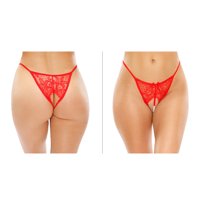 Fantasy Lingerie Calla Crotchless Lace Pearl Panty Red S/M