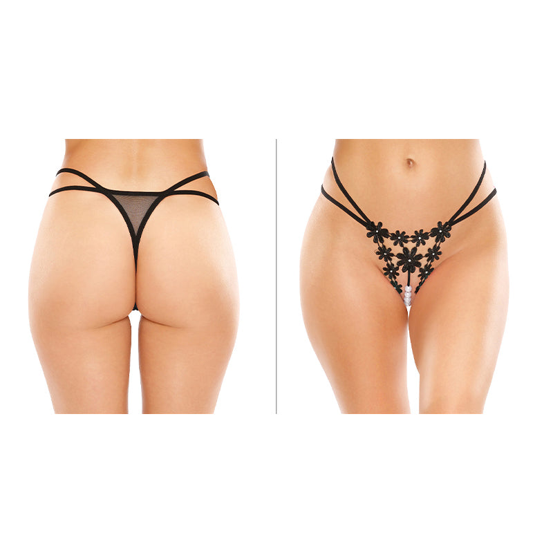 Fantasy Lingerie Aster Crotchless Strappy Flower Pearl Thong Black L/XL