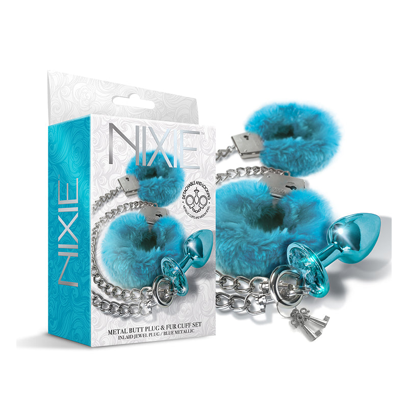 Nixie Metal Butt Plug & Furry Handcuff Set Medium Blue Metallic