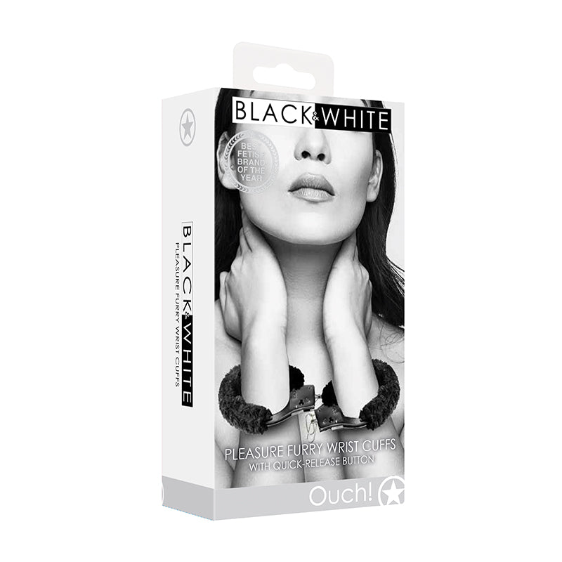 Ouch! Black &amp; White Beginner Pleasure Furry Wrist Cuffs With Quick-Release Button Black
