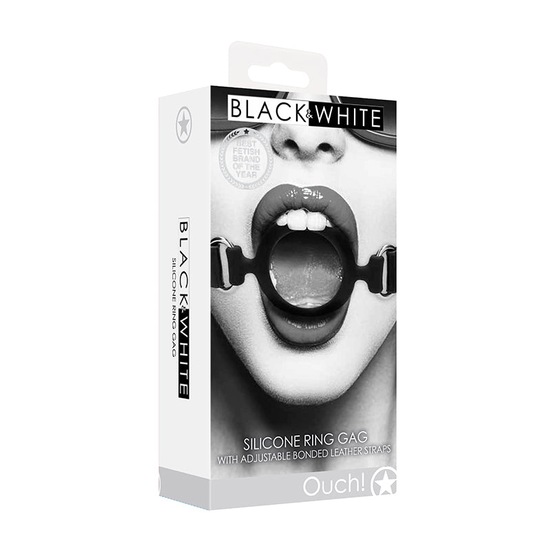 Ouch! Black &amp; White Silicone Ring Gag With Adjustable Bonded Leather Straps Black