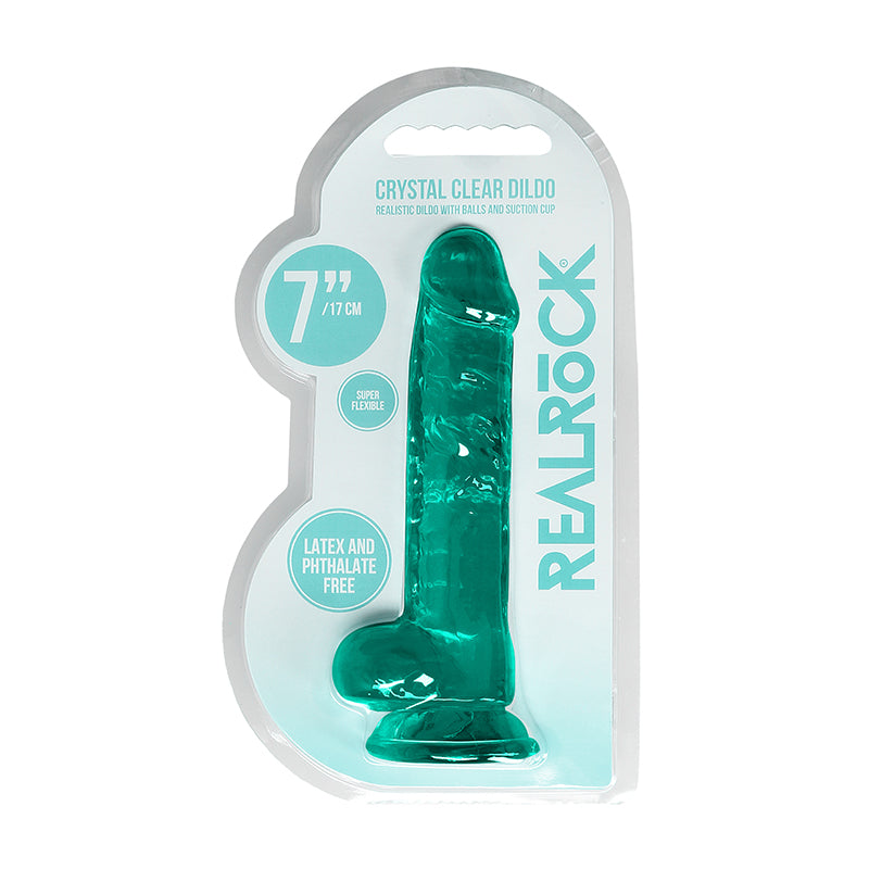 RealRock Crystal Clear Realistic 7 in. Dildo With Balls and Suction Cup Turquoise