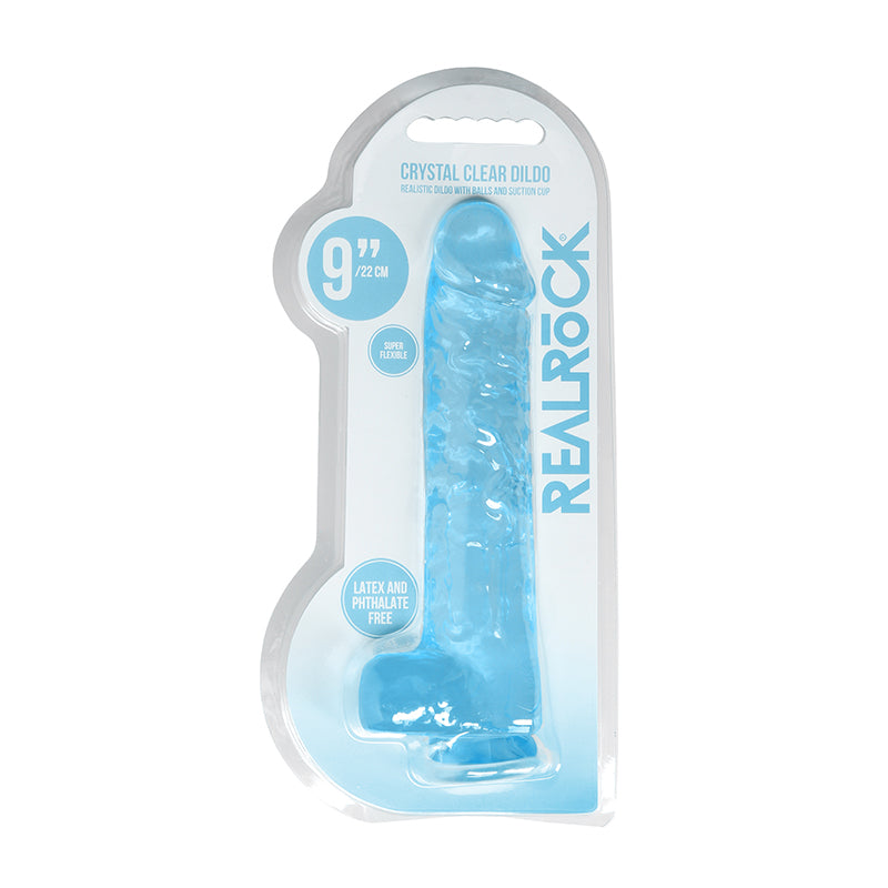 RealRock Crystal Clear Realistic 9 in. Dildo With Balls and Suction Cup Blue